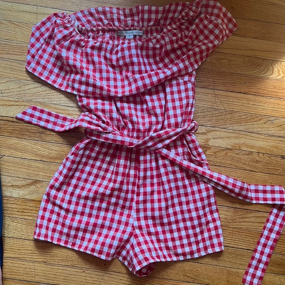 HYFVE Gingham Off The Shoulder Belted Romper Red White Cotton Women's S - Picture 1 of 4